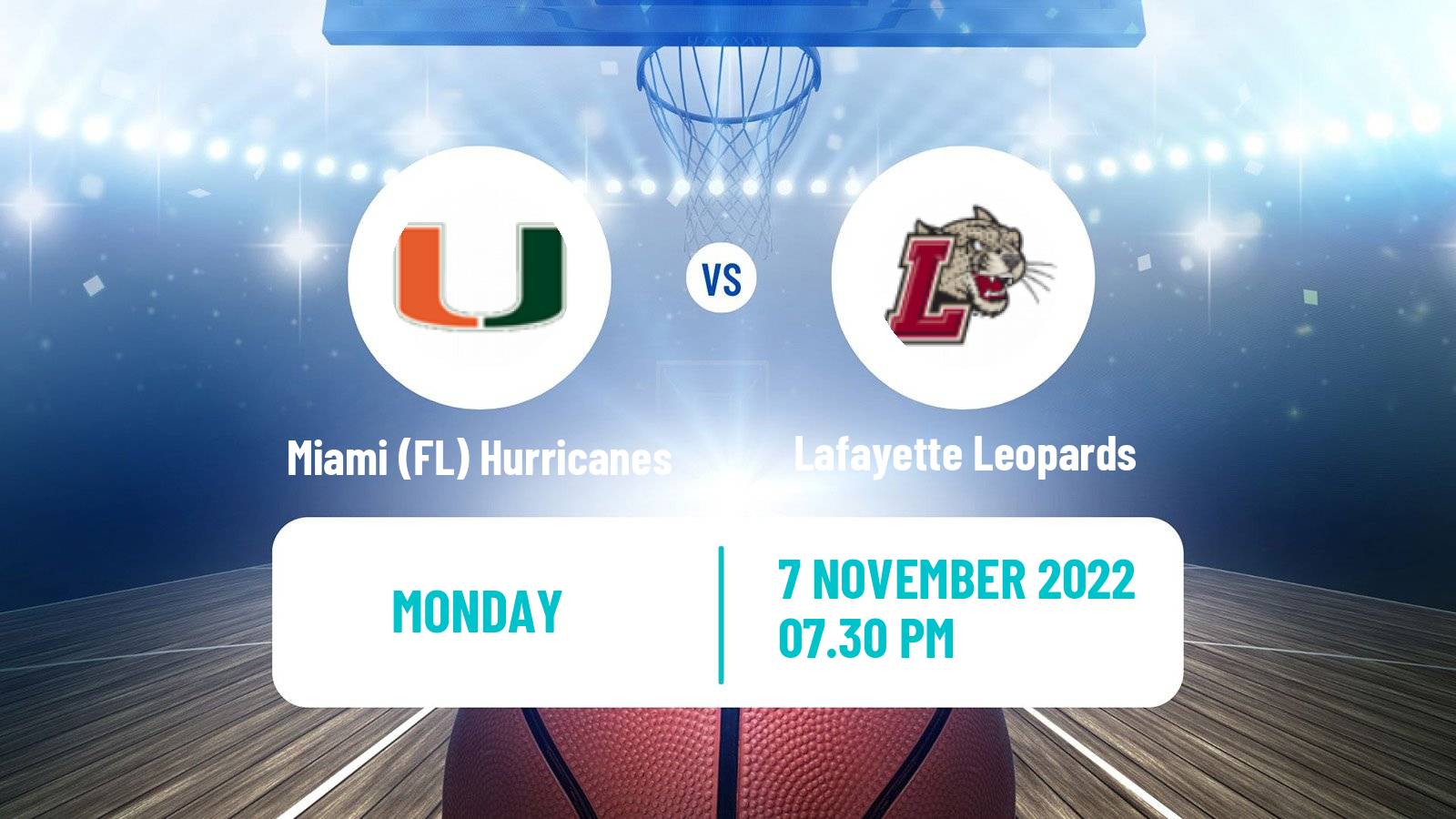 Basketball NCAA College Basketball Miami (FL) Hurricanes - Lafayette Leopards