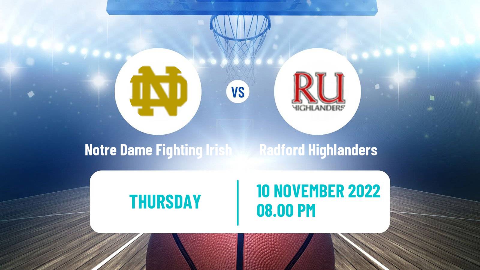 Basketball NCAA College Basketball Notre Dame Fighting Irish - Radford Highlanders