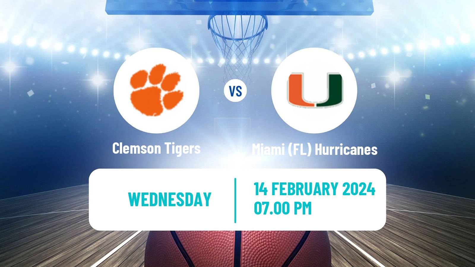 Basketball NCAA College Basketball Clemson Tigers - Miami (FL) Hurricanes