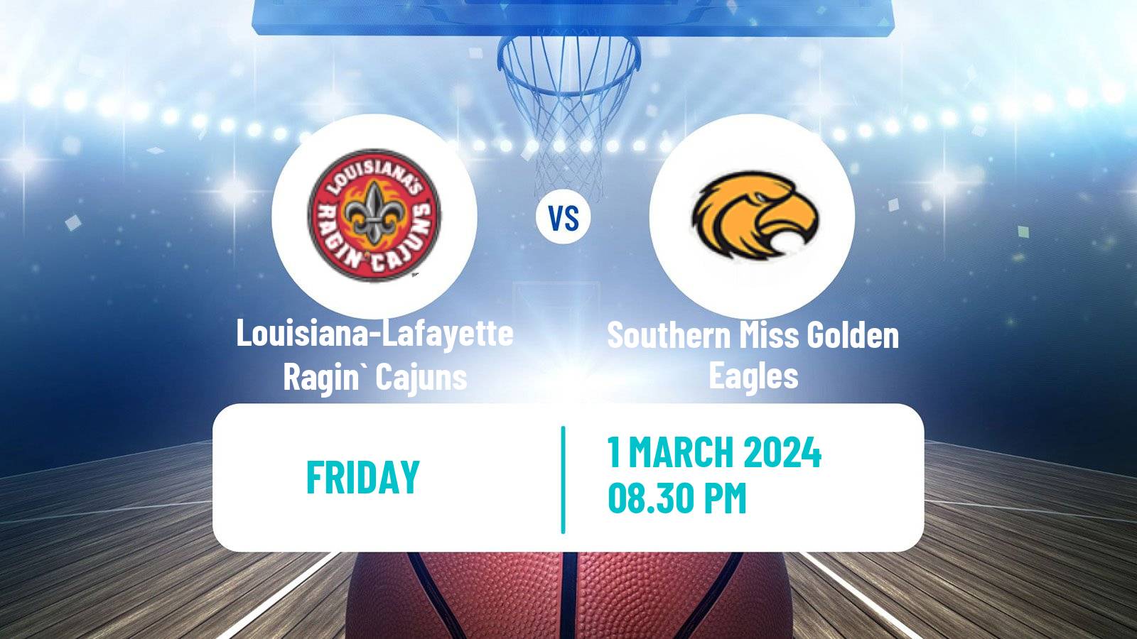 Basketball NCAA College Basketball Louisiana-Lafayette Ragin` Cajuns - Southern Miss Golden Eagles