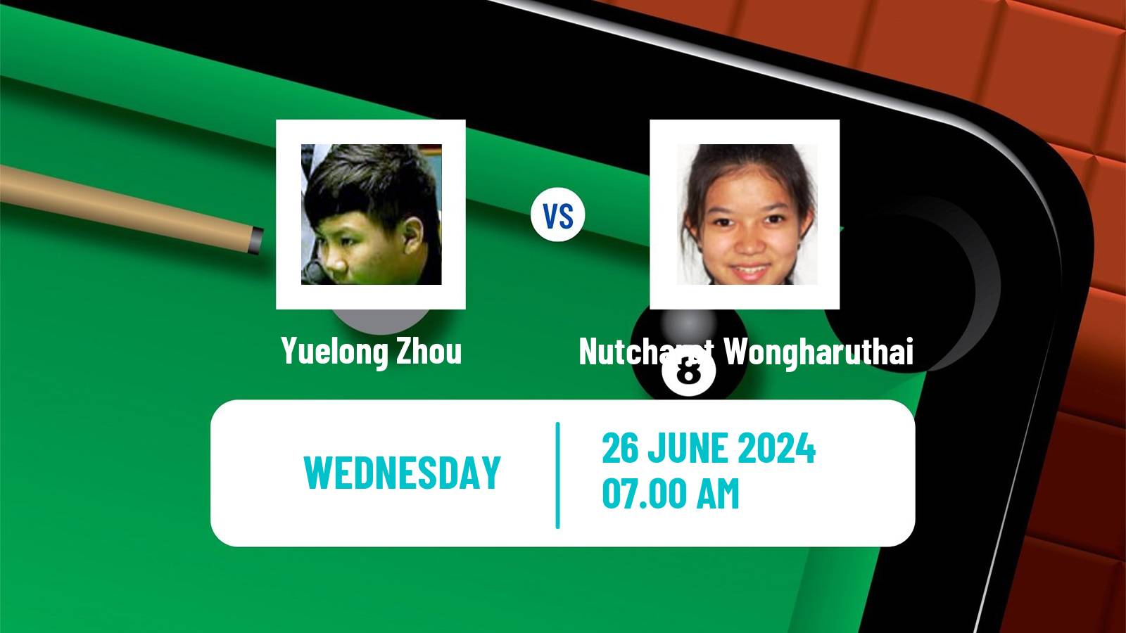 Snooker Championship League Yuelong Zhou - Nutcharat Wongharuthai