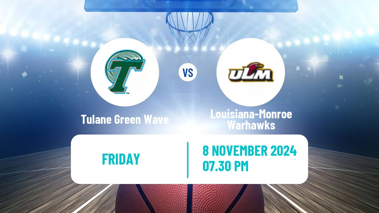 Basketball NCAA College Basketball Tulane Green Wave - Louisiana-Monroe Warhawks