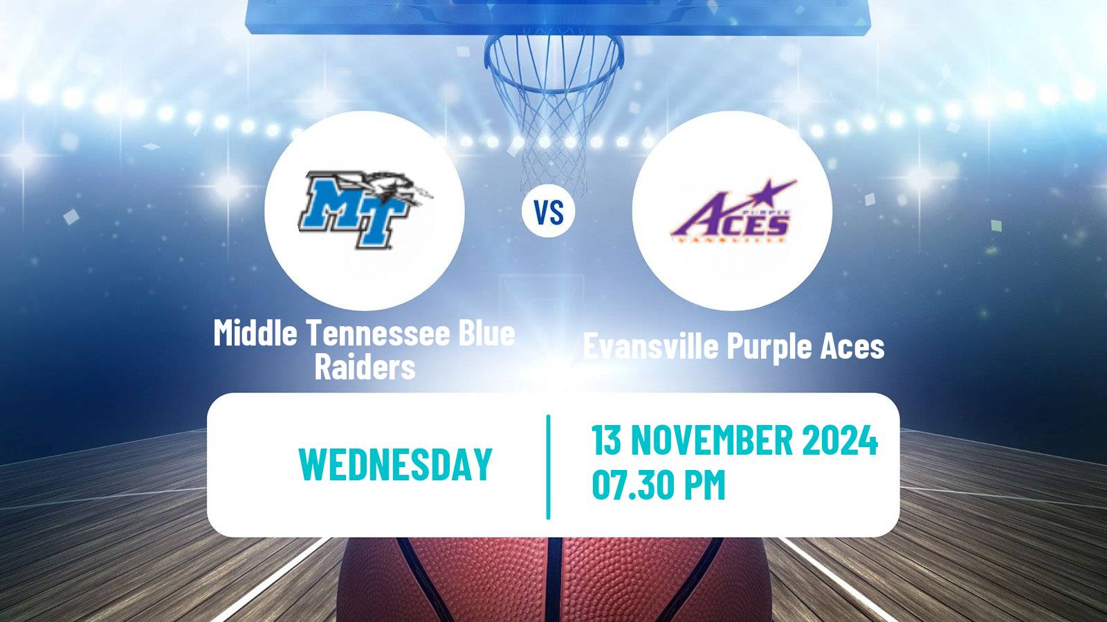 Basketball NCAA College Basketball Middle Tennessee Blue Raiders - Evansville Purple Aces