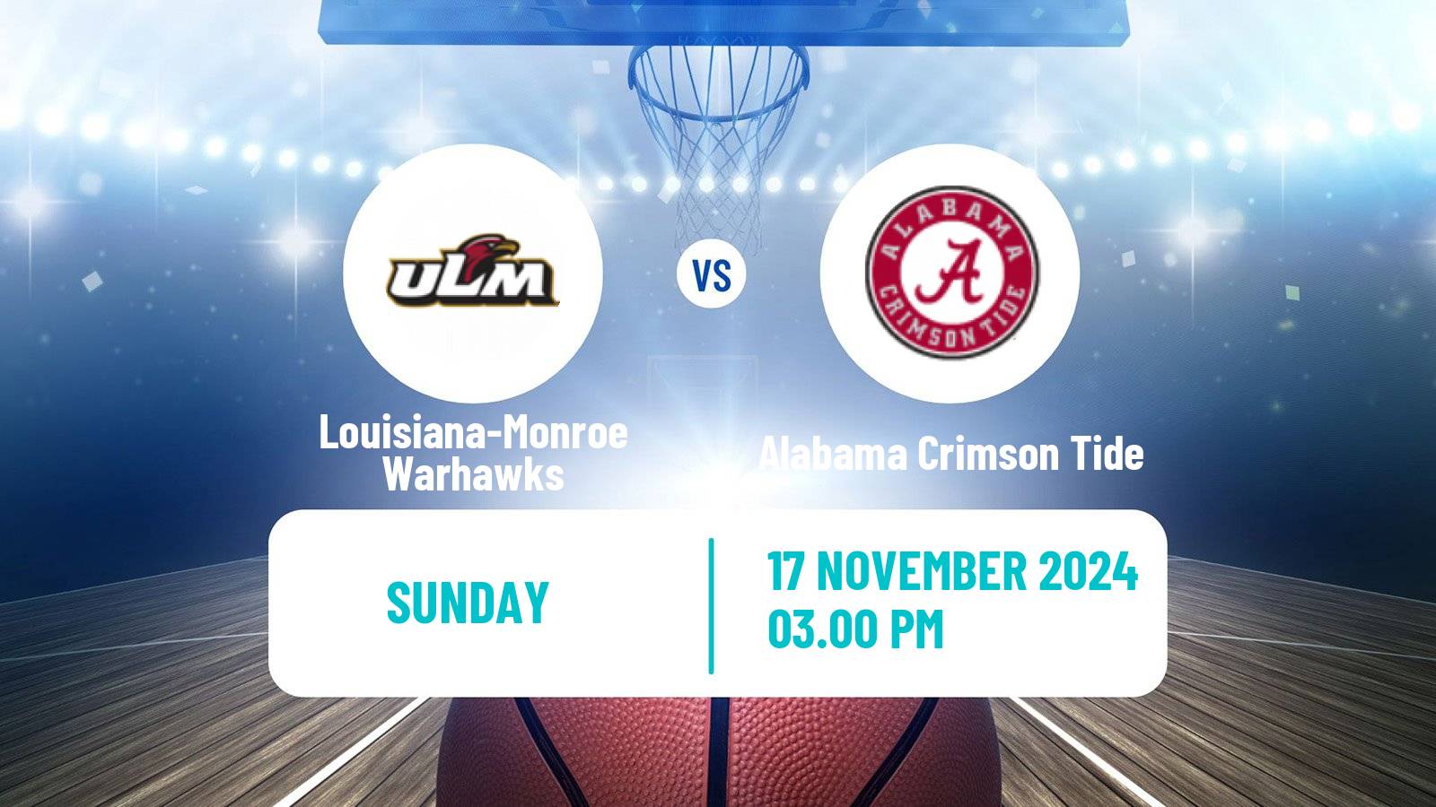 Basketball NCAA College Basketball Women Louisiana-Monroe Warhawks - Alabama Crimson Tide