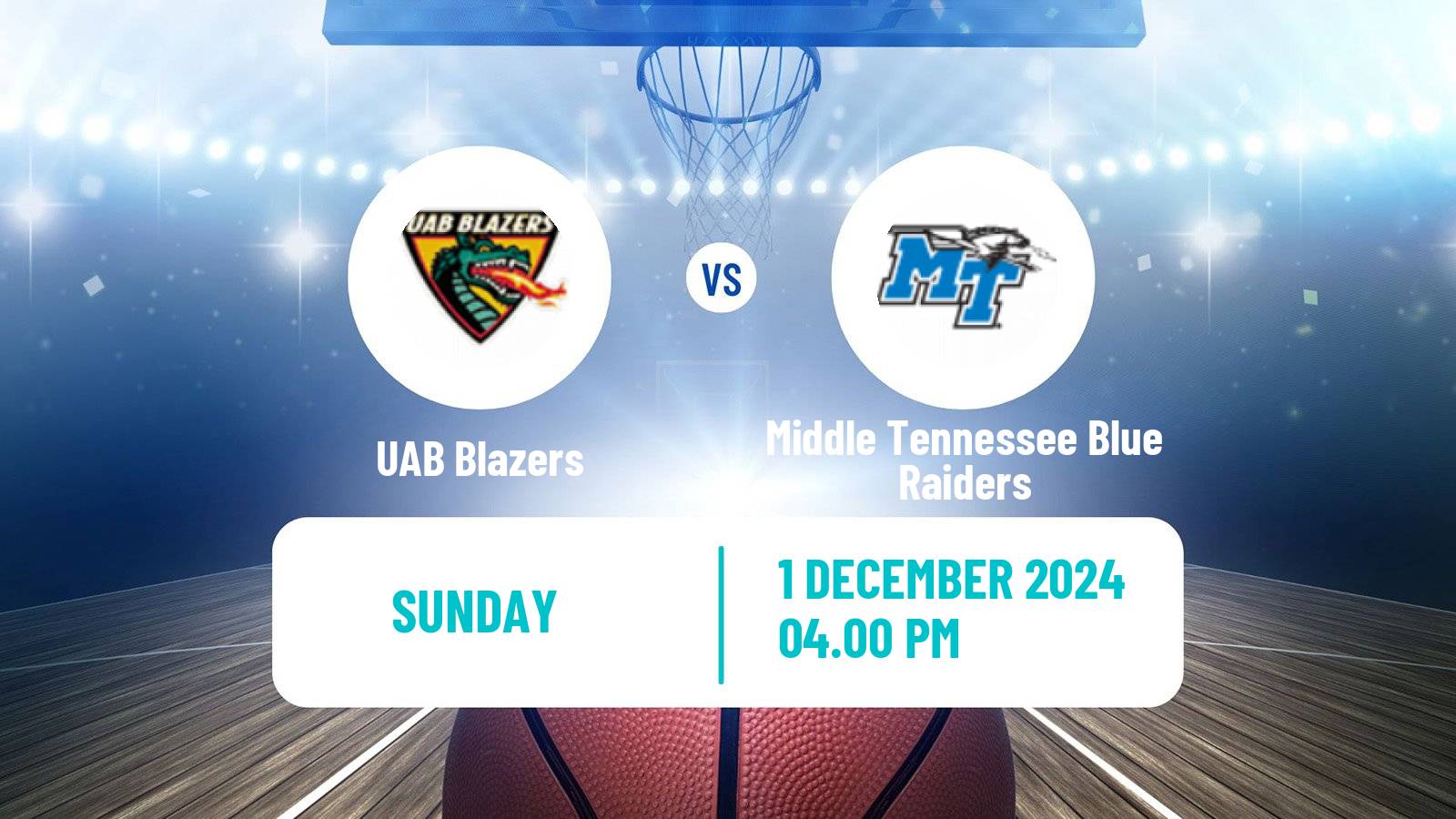 Basketball NCAA College Basketball UAB Blazers - Middle Tennessee Blue Raiders