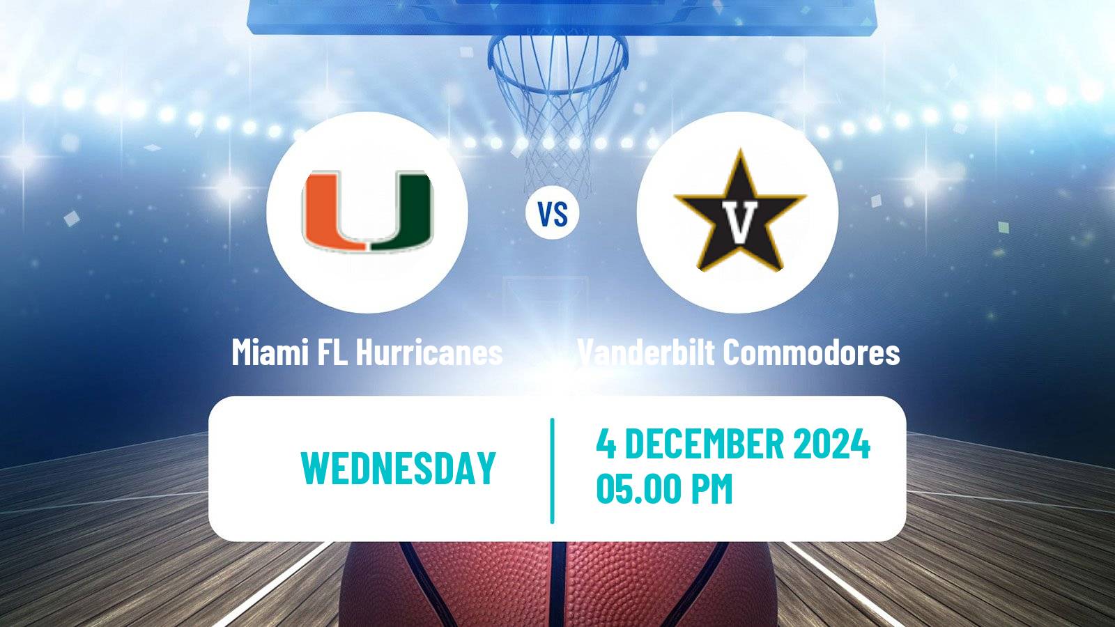 Basketball NCAA College Basketball Women Miami FL Hurricanes - Vanderbilt Commodores