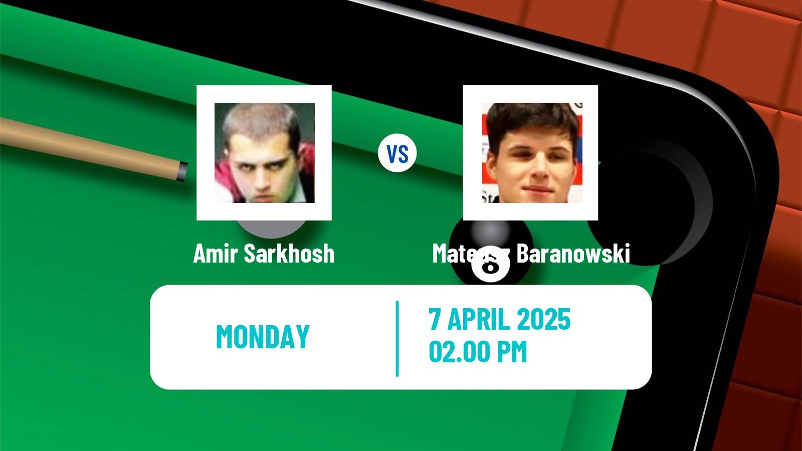 Snooker World Championship Amir Sarkhosh - Mateusz Baranowski